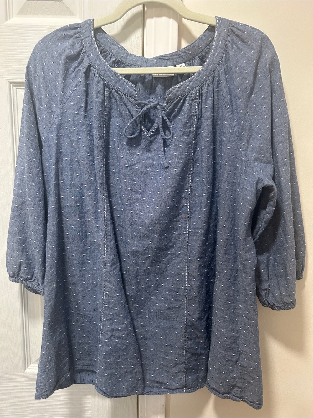 Kim Rogers Blue Dotted Peasant Blouse with Tie Neck